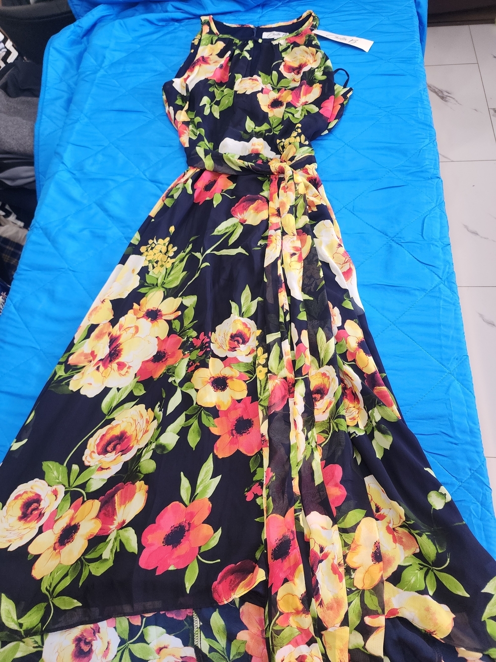 Floral Halter Maxi Dress in Navy with Yellow & Pink Blooms